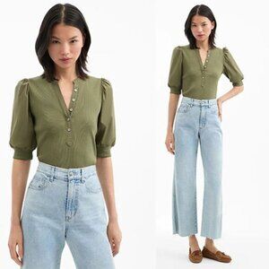NEW Veronica Beard Coralee High Volume Poplin Puff Sleeve Top Green Size: Small